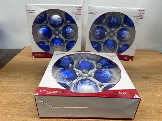 3 New 8 Piece Boxed Glass Ornaments In Boxes