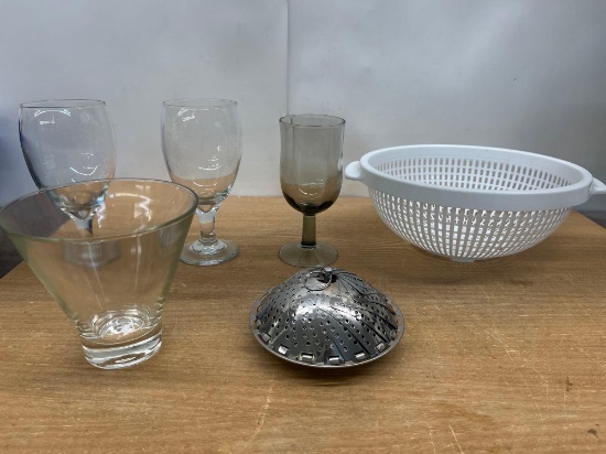 3 Stem Glasses, Strainer, Margarita Glass , Etc