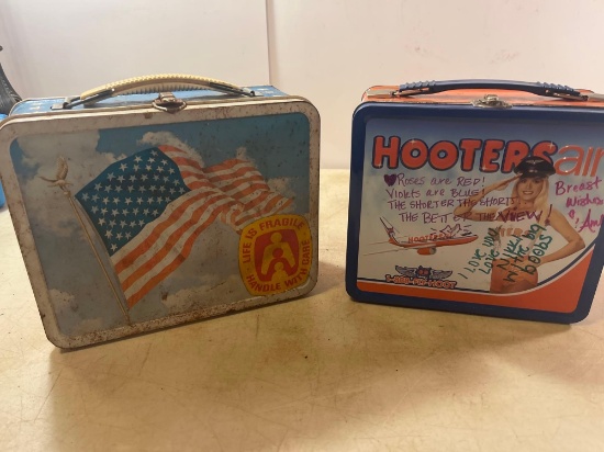 Vintage Hooters Lunch Box with Thermos / Vintage American Flag Lunch Box