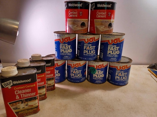 7 Dryloc Fast Plug Masonry Seal, 2 Weldwood Contact Cement, 3 Weldwood Cleaner and Thinner