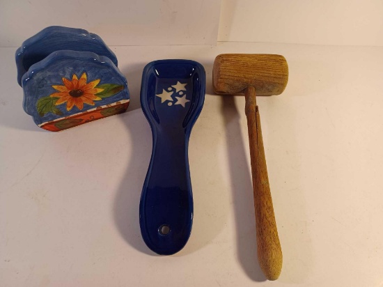 Ceramic Napkin Holder, Spoon Rest, and Wooden Mallet