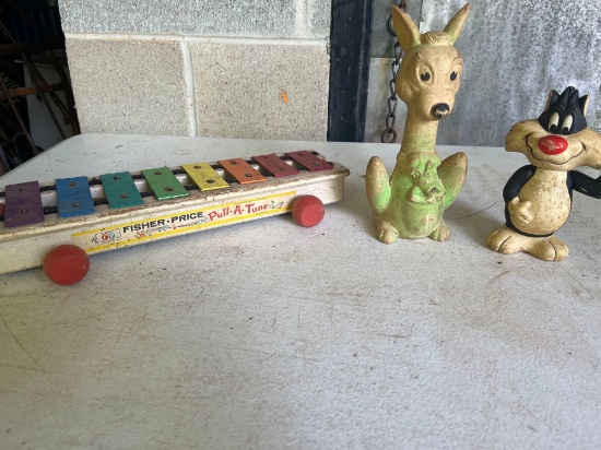 Fisher Price Pull A Tune /Vintage Sylvester The Cat Bank / 1963 Formulette Kangaroo Rubber Squeak