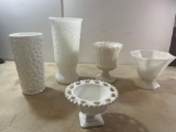 2 Glass White Vases / 3 White Glass Planters