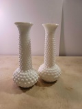 2 Hobnail White Glass Vases