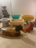 4 Planters , Owl Figurine, 2 Wooden Ducks , Bird