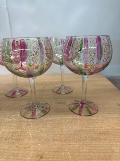 6 Hand Painted Stemmed Glasses / Hallmark Stem Glass