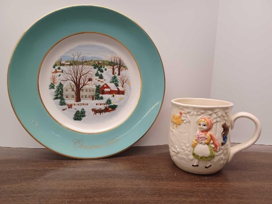 Avon 1973 Christmas on the Farm Collectible Plate and 1982 Little Red Riding Hood Cup