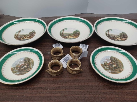 3 Bowls, 2 Saucers, 4 Napkin Rings