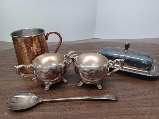 Stainless Steel Cup, Silver Plate Sugar and Creamer, Spork Made in England, and Butter Dish
