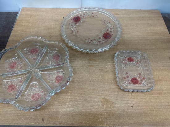 Decorative Glass Etched Rose Pattern Cake Plate, Candy Dish , Divided Bowl