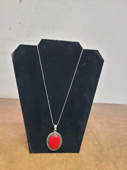 Red Coral German Silver Pendant Necklace