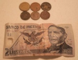 6 Foreign Coins and and 20 Veinte Pesos Bill