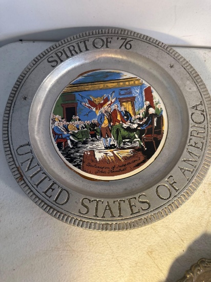 Vintage Silver-Plated Plate, Ceramic Plate with Silver-Plated Holder, Vintage Spirit Of 76 US Metal