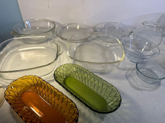 Glass Casserole Dishes , 2 Glass Bowls, 2 Candy Dishes , Etc