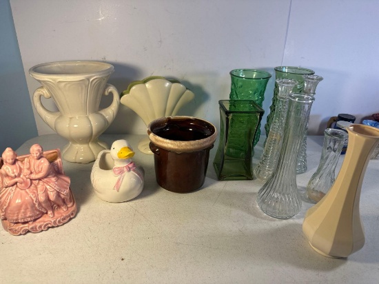 6 Glass Vases, Decorative Ceramic Planters, 1 Glass Vase