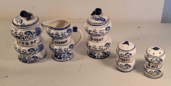 Vintage Arnart Blue Onion Creamer, Sugar, Salt and Pepper Shakers, and Grease Set