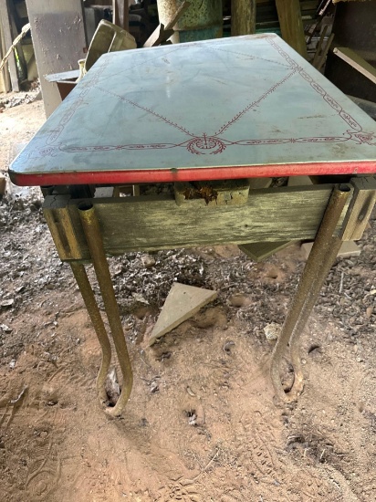 Vintage Kitchen Table Enamel Top / Wooden Frame