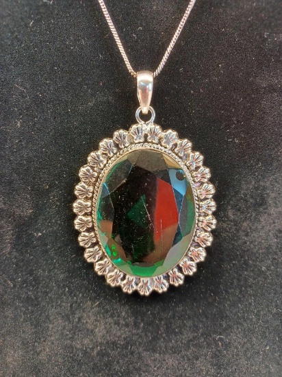 Green Emerald Pendant Necklace with German Silver Chain