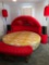 Rare Vintage 70's Round Red Velvet Bed with Clamshell Headboard