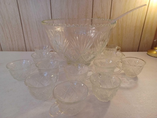 Glass Punch Bowl with 12 Glass Cups