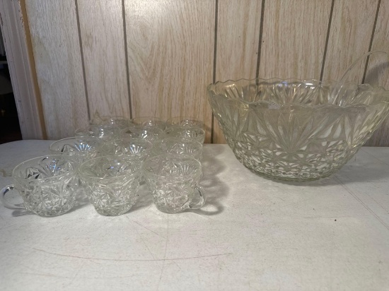 Glass Punch Bowl Set w/ 12 cups & ladle