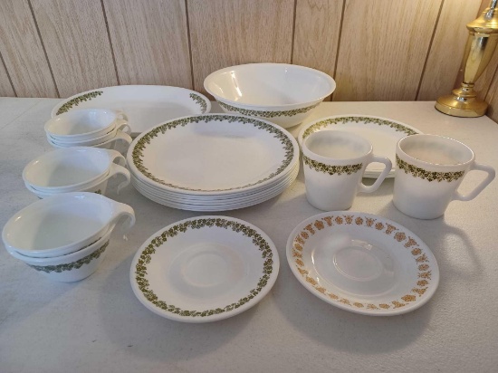 Corelle Dinnerware with 2 Pyrex Coffee Cups