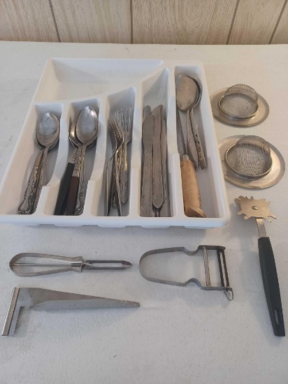 Assorted Silverware and 2 Sink Strainers