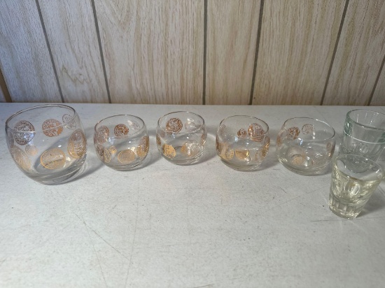Vintage Set of 5 Roly Poly Roma Coin Federal Glasses / 2 Shot Glasses