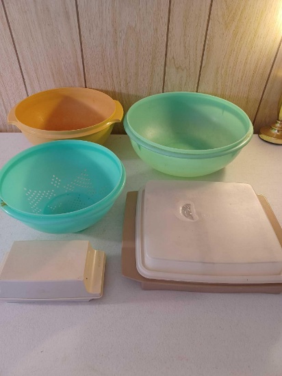 2 Tupperware Bowls, 1 Strainer, 1 Butter Dish, 1 Deviled Egg Holder