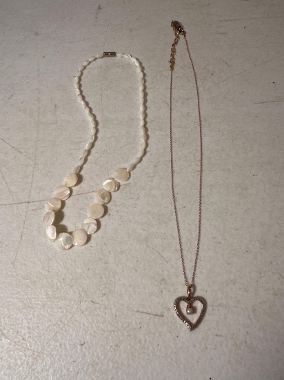White Beaded Necklace/ Chain Necklace With Heart Pendant