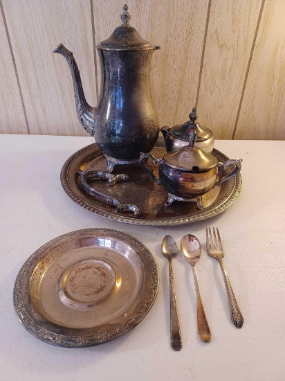 Silver Plated Serving Tray, Teapot, Creamer and Sugar, Small Plate, and 3 Utensils