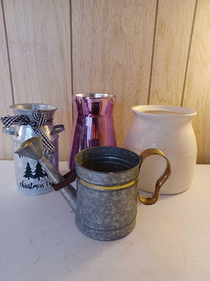 Galvanized Milk Can and Watering Can, Glass Flower Vase, and Ceramic Cookie Jar