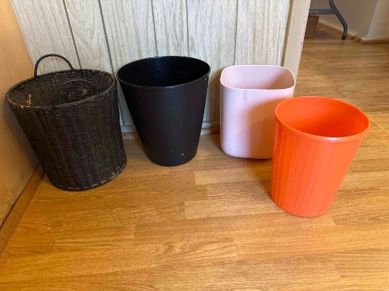 1 Wicker Basket With Handles/ 3 Plastic Bathroom Trash Cans