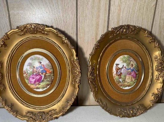 Set Of 2 Vintage Porcelain Cameo Courting Couple In Gold Plastic Frame Wall Hanging