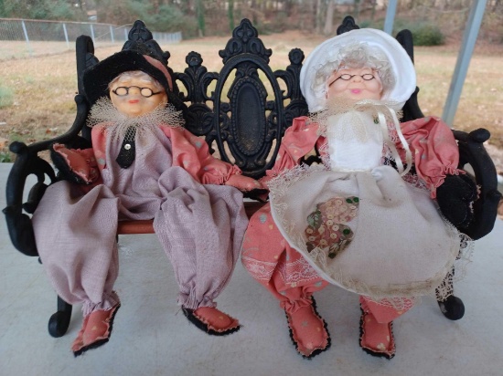 Cast Iron Bench with Grandpa and Grandma Dolls