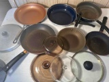 Assorted Frying Pans / 1 Copper Gotham Steel Pan/ Assorted Glass Lids