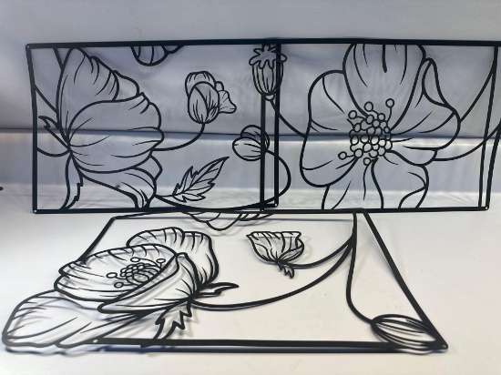 New 3 Pc Abstract Metal Black Flower Wall Hangings