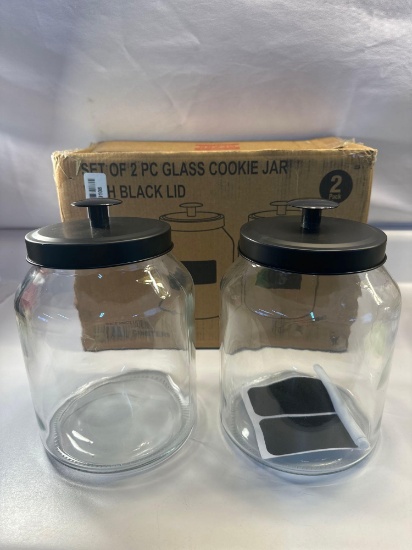 New Set Of 2 Glass Cookie Jars With Black Lids