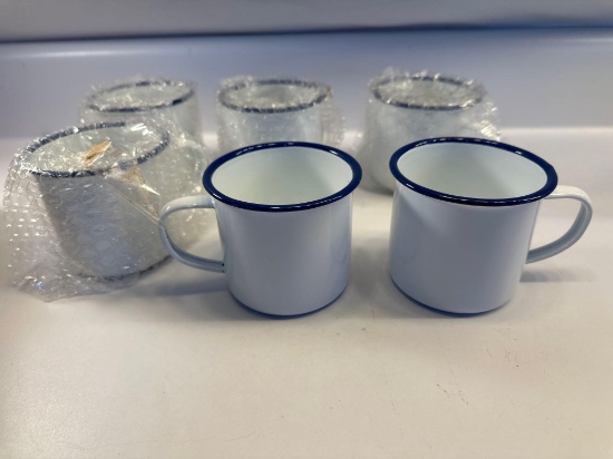 New Red Co. Set Of 6 Enamel 12 Oz Coffee Mugs , Blue Rim In Box
