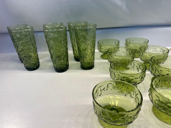 Vintage Set of 6 Milo Green Glass Tumblers/ Vintage Set of 8 Milo Green Glass Dessert Bowls