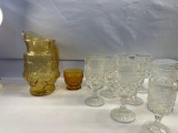 Vintage Amber Glass Pitcher With Flower Pattern and 1 Amber Glass / Set of 8 Wine Glasses