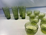 Vintage Set of 6 Milo Green Glass Tumblers/ Vintage Set of 8 Milo Green Glass Dessert Bowls