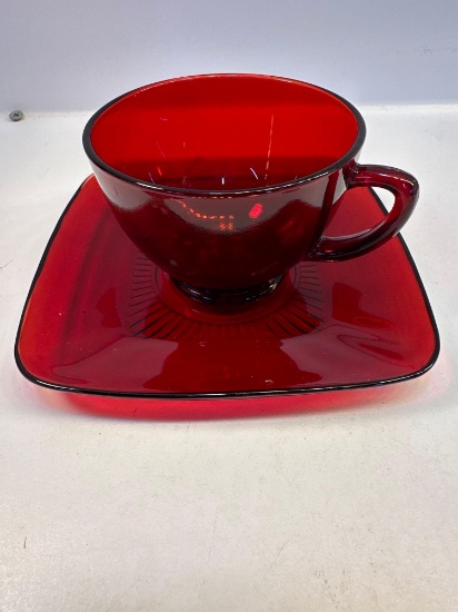 Vintage Ruby Red Glass Cup and Square Saucer