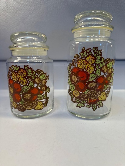 Set of 2 Vintage Glass Fruit Canister Jar With Lids