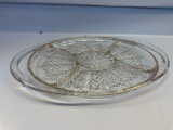Vintage Divided Gold Trim Glass Serving Tray With Handles