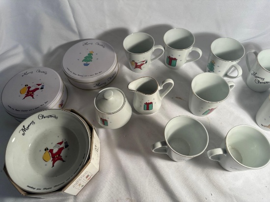 Christmas Set Sugar and Creamer Set , Bowl Set 2 Christmas Tins , 8 Coffee Mugs