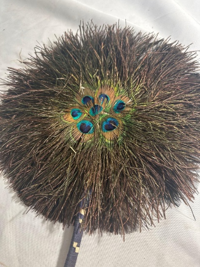 Vintage Art Decor Round Double Sided Peacock Feather Handle
