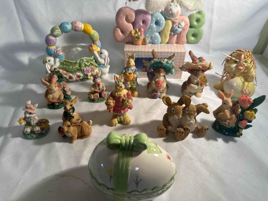 Easter Figurine Lot , Ceramic 2 Pc Egg Jewelry Box, Name Wall Hanging