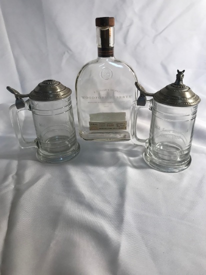 2 Beer Steins and Bourbon Whiskey Empty Bottle