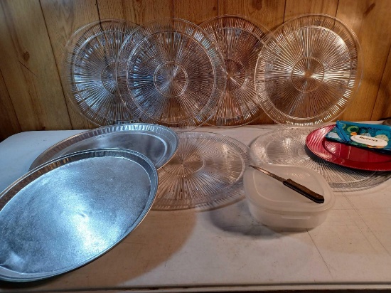 7 Plastic Serving Trays, 2 Tin Serving Trays, Steak Knife, Storage Container, Etc.